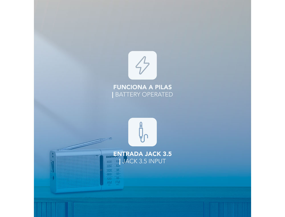 RADIO PORTATIL DAEWOO AM/FM ANTENA TELESCOPICA AURICULARES INCLUIDOS JACK 3.5 MM COR PRATA