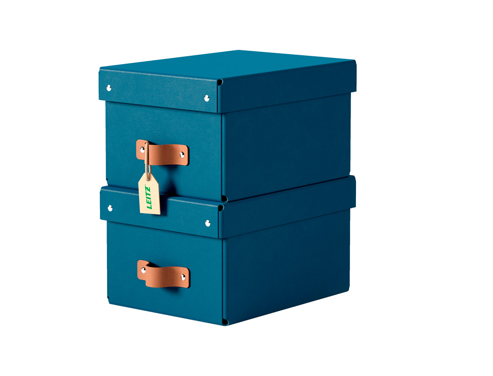 CAIXA DE ARMAZENAGEM LEITZ CARTAO PEQUENA COM ASA DE IMITACAO DE PELE COR AZUL PACK DE 2 UNIDADES