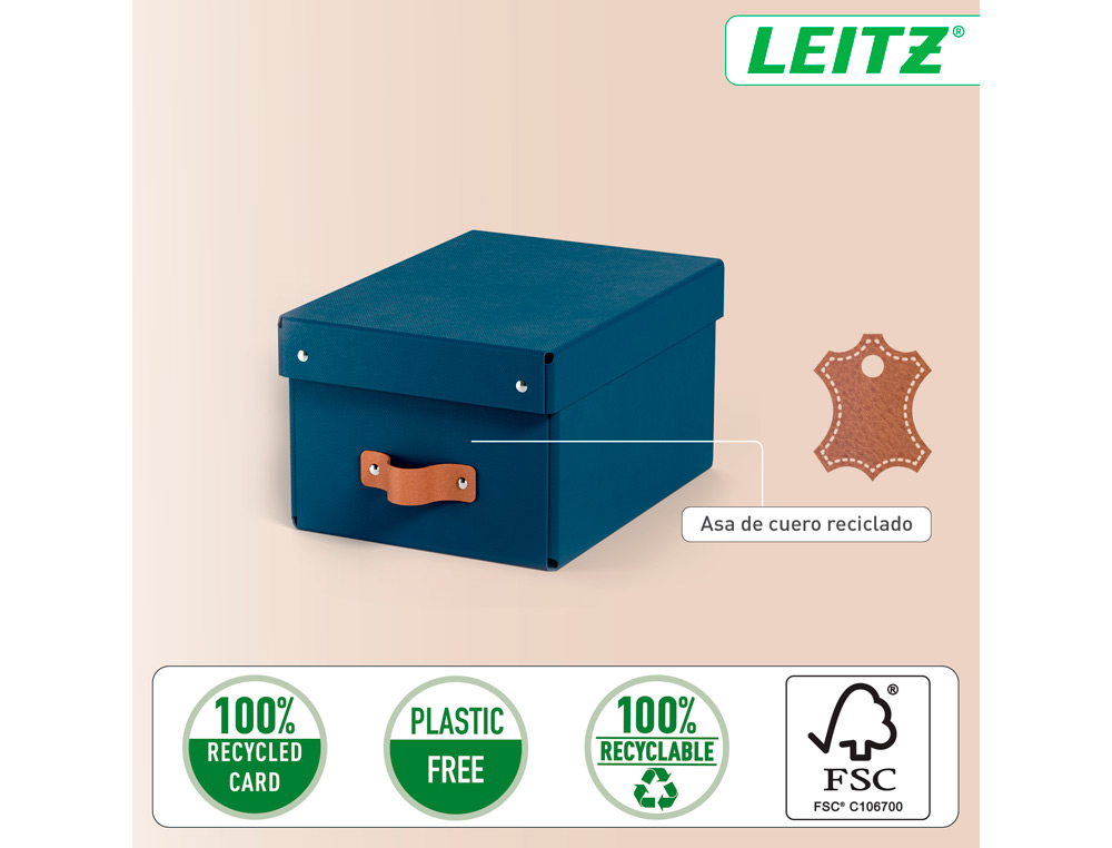 CAIXA DE ARMAZENAGEM LEITZ CARTAO PEQUENA COM ASA DE IMITACAO DE PELE COR AZUL PACK DE 2 UNIDADES