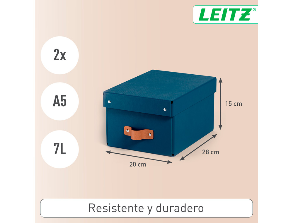 CAIXA DE ARMAZENAGEM LEITZ CARTAO PEQUENA COM ASA DE IMITACAO DE PELE COR AZUL PACK DE 2 UNIDADES