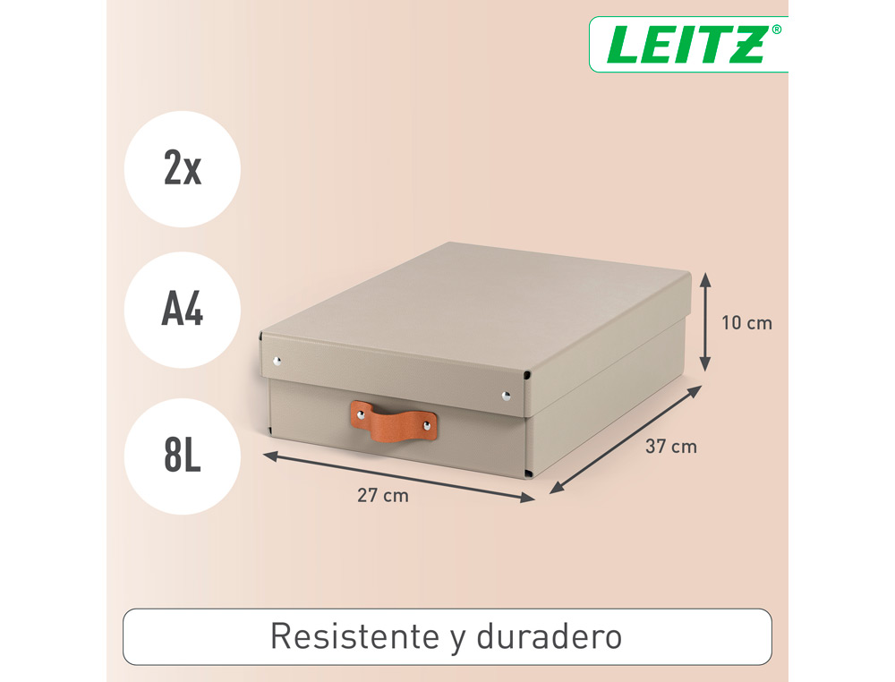 CAIXA DE ARMAZENAGEM LEITZ CARTAO MEDIA BAIXA COM ASA DE IMITACAO DE PELE COR BEGE PACK DE 2 UNIDADES