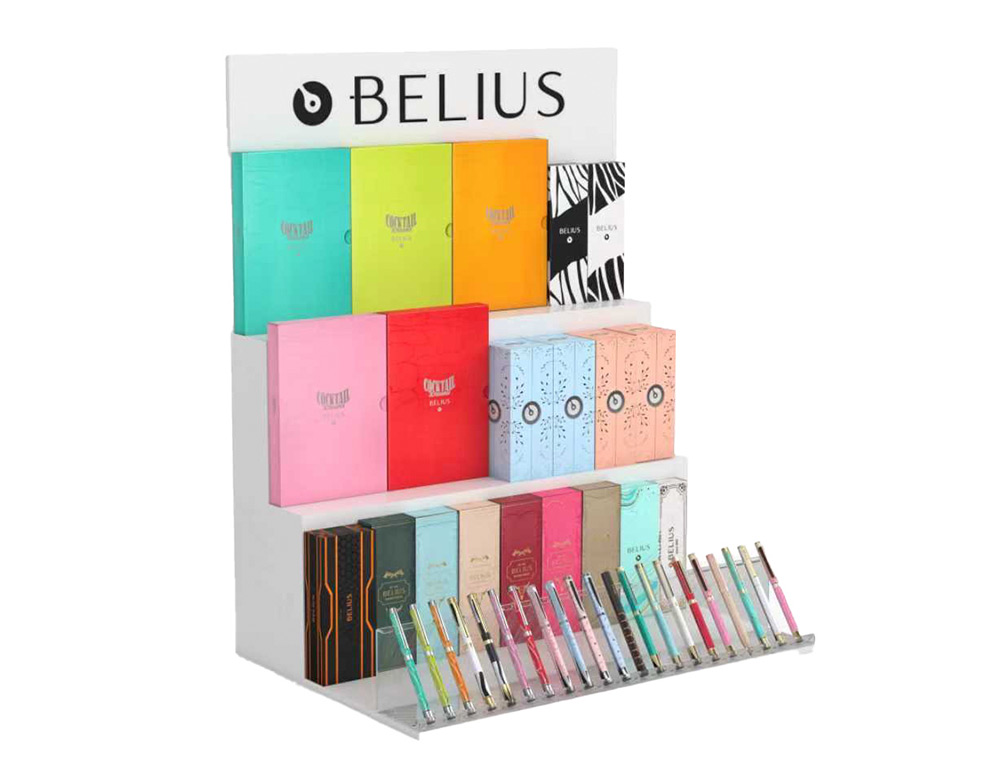 LOTE BELIUS EXPOSITOR BRANCO 36 PECAS 3 NIVEIS SUPORTE METACRILATO 600X420X750 MM