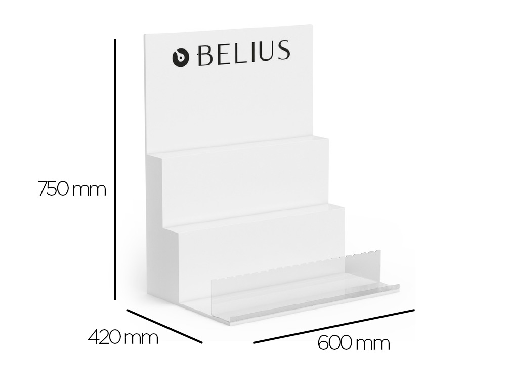 LOTE BELIUS EXPOSITOR BRANCO 36 PECAS 3 NIVEIS SUPORTE METACRILATO 600X420X750 MM