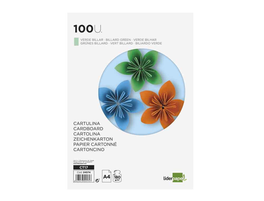 CARTOLINA LIDERPAPEL DIN A4 180 GR VERDE PACK DE 100 UNIDADES