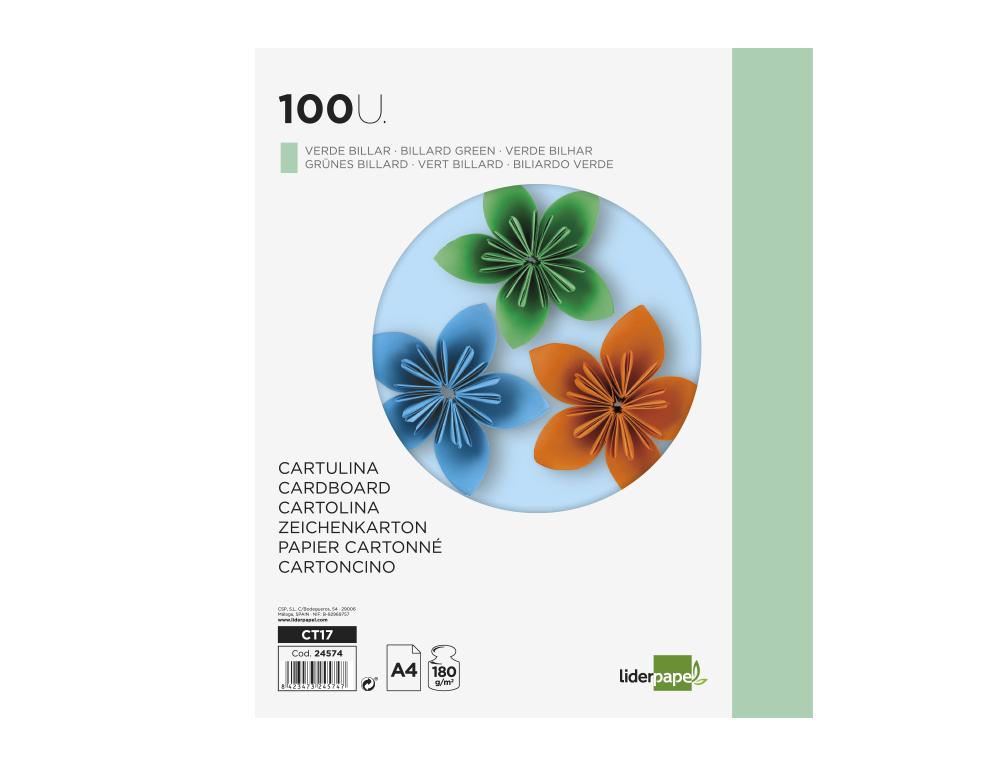 CARTOLINA LIDERPAPEL DIN A4 180 GR VERDE PACK DE 100 UNIDADES