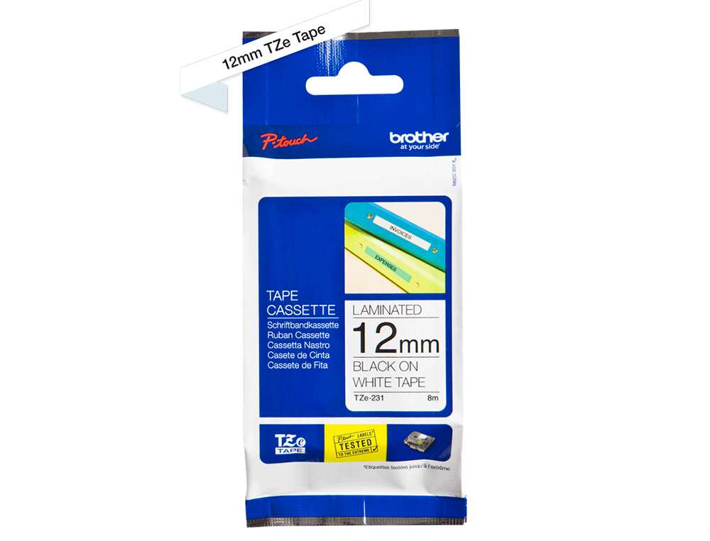 FITA BROTHER TZ-231 LAMINADA BRANCO-PRETO 12MM X 8M