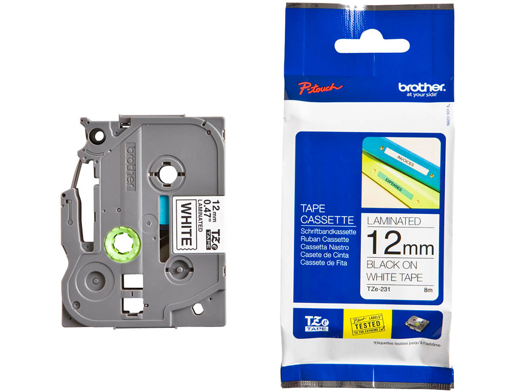 FITA BROTHER TZ-231 LAMINADA BRANCO-PRETO 12MM X 8M
