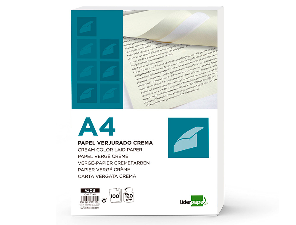 PAPEL VERGE LIDERPAPEL DIN A4 120 GR CREME EMBALAGEM DE 100 FOLHAS