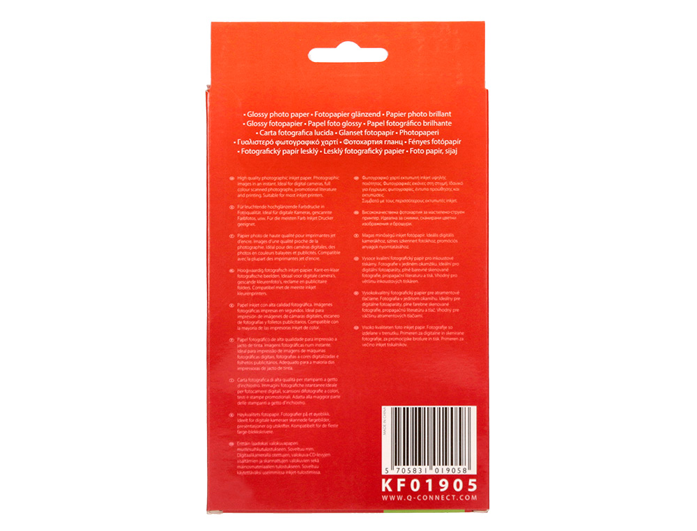 PAPEL FOTOGRAFIA Q-CONNECT GLOSSY -KF01905 -10X15 -DIGITAL PHOTO PARA TINTEIRO BOLSA DE 25 FOLHAS DE 180 GR