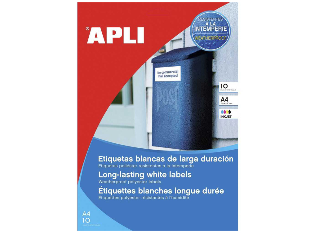 ETIQUETAS ADESIVAS APLI DE POLIESTER RESISTENTE A INTEMPERIE PARA IMPRESSORA TINTEIRO E LASER 210X297 MM