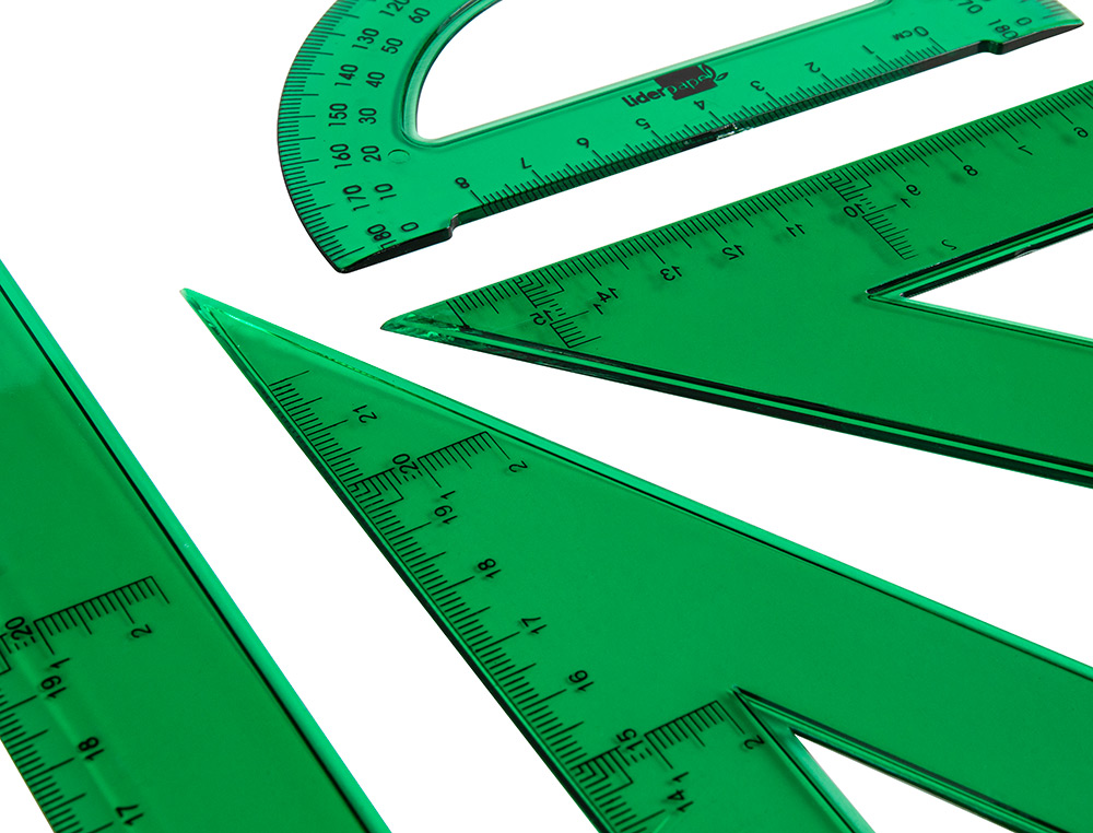 JOGO ESQUADRO E REGUA 30 CMS E SEMICIRCULO EM PETACA LIDERPAPEL VERDE