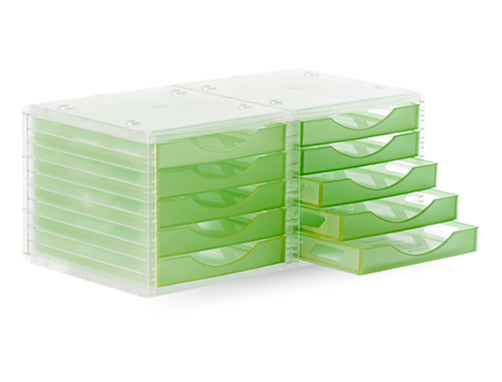 BLOCO CLASSIFICADOR DE SECRETARIA LIDERPAPEL EMPILHAVEIS 5 GAVETAS VERDE KIWI TRANSLUCIDO 340X270X255 MM