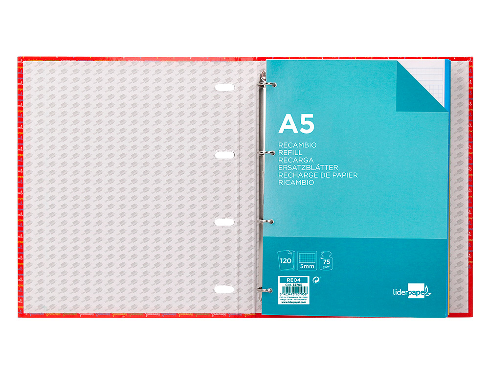 PASTA DE ELASTICOS LIDERPAPEL DE ANEIS COM RECARGA DIN A5 120 FOLHAS 70 GR QUADRICULA 5MM 4 ANEIS REDONDOS 20 MM