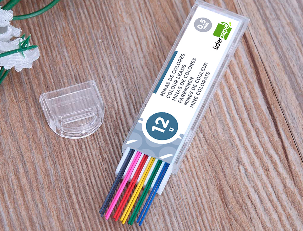 MINAS LIDERPAPEL CORES SORTIDAS DE 0.5 MM ESTOJO DE 12 MINAS