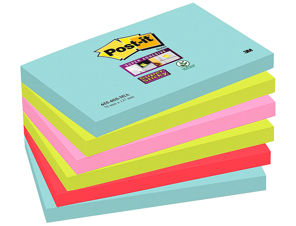BLOCO DE NOTAS ADESIVAS POST-IT SUPER STICKY 76X127 MM COM 90 FOLHAS PACK DE 6 UNIDADES CORES MIAMI