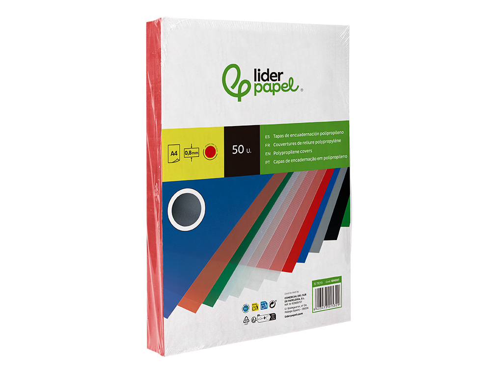 CAPA DE ENCADERNACAO LIDERPAPEL POLIPROPILENO DIN A4 0.8 MM VERMELHA PACK DE 50 UNIDADES