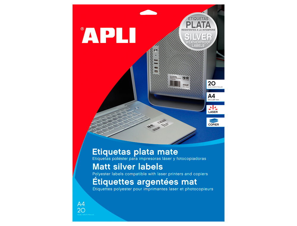 ETIQUETAS ADESIVAS APLI 10071 METALIZADA FORMATO 210X297 MM PARA FOTOCOPIA LASER CAIXA 20 FOLHAS COM 20