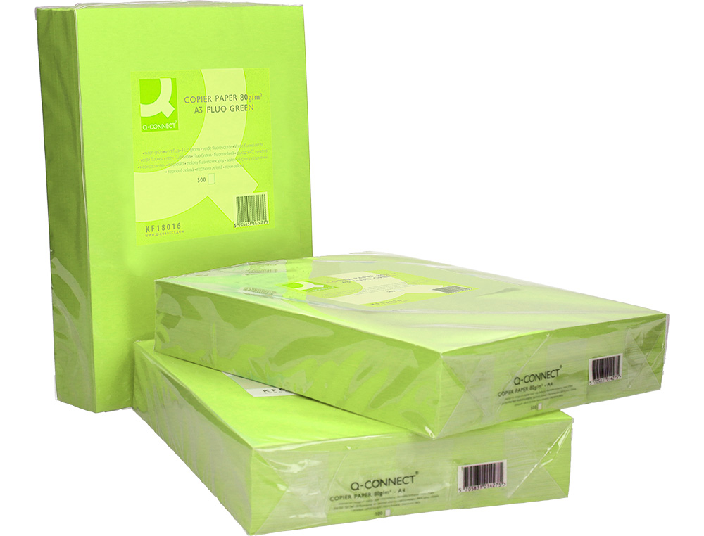 PAPEL DE COR Q-CONNECT DIN A3 80 GR VERDE NEON EMBALAGEM DE 500 FOLHAS