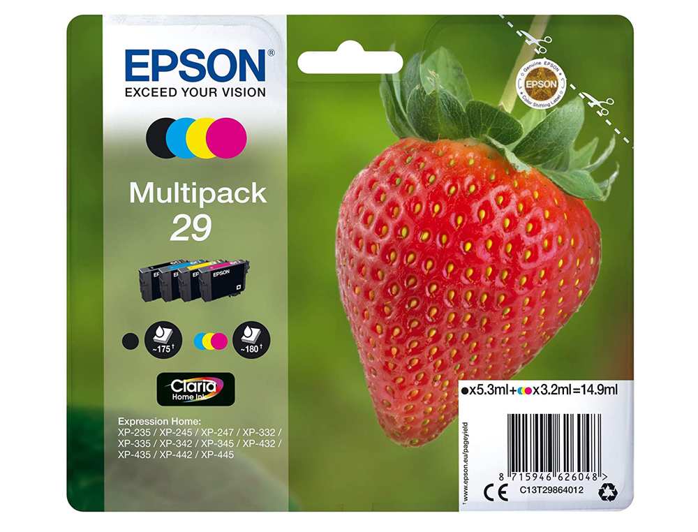TINTEIRO EPSON HOME 29 T2986 XP435/330/235 MULTIPACK 4 CORES PRETO/AMARELO/CIAN/MAGENTA