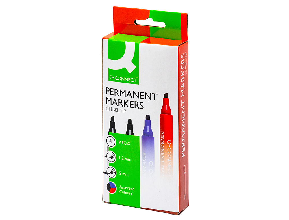 MARCADOR Q-CONNECT MARCADOR PERMANENTE ESTOJO DE 4 CORES SORTIDAS PONTA BISELADA 5.0 MM