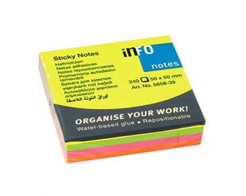 BLOCO DE NOTAS ADESIVAS NEON 50X50MM AMARELO, VERDE, ROSA E LARANJA - 240 FOLHAS