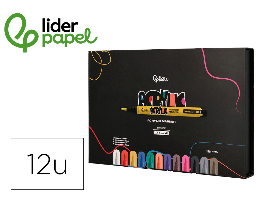 MARCADOR LIDERPAPEL ACRYLIC BASE AGUA TODO TIPO DE SUPERFICIE PONTA PINCEL CAIXA DE 12 UNIDADES CORES