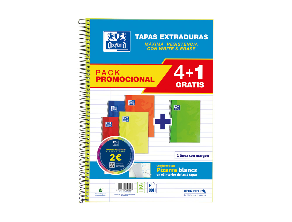 CUADERNO ESPIRAL OXFORD TAPA EXTRADURA FOLIO 80 HOJAS 90 GR RAYADO HORIZONTAL COLORES VIVOS PACK DE 4+1 UNIDADES