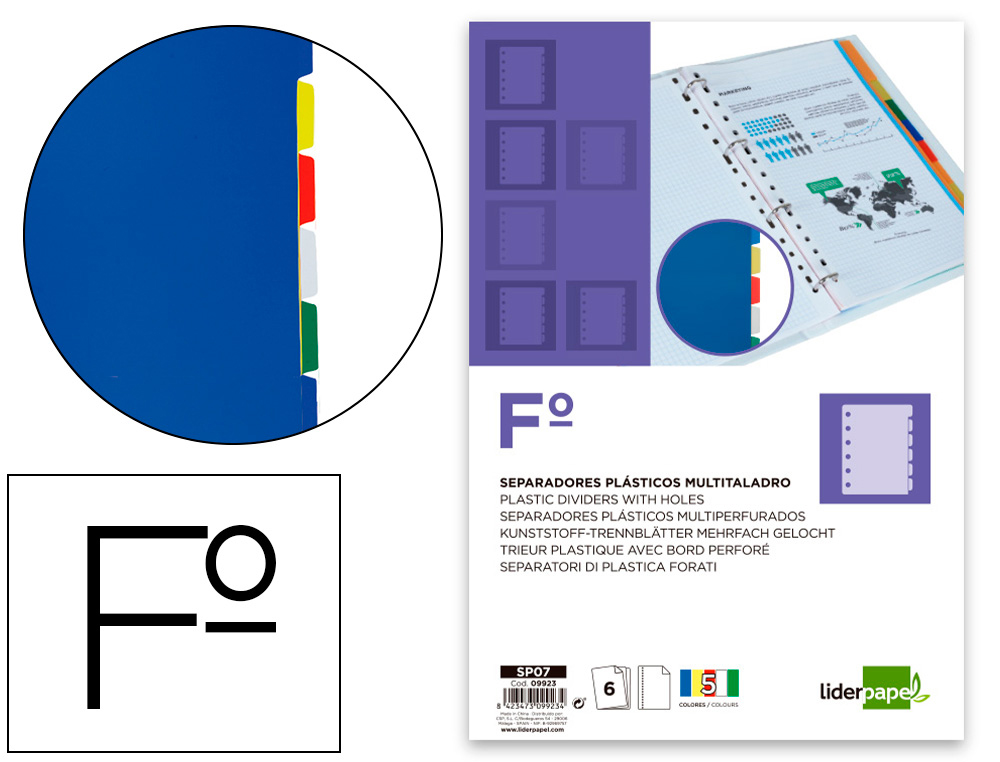 SEPARADOR LIDERPAPEL EM PLASTICO CONJUNTO DE 6 SEPARADORES FOLIO 16 FUROS
