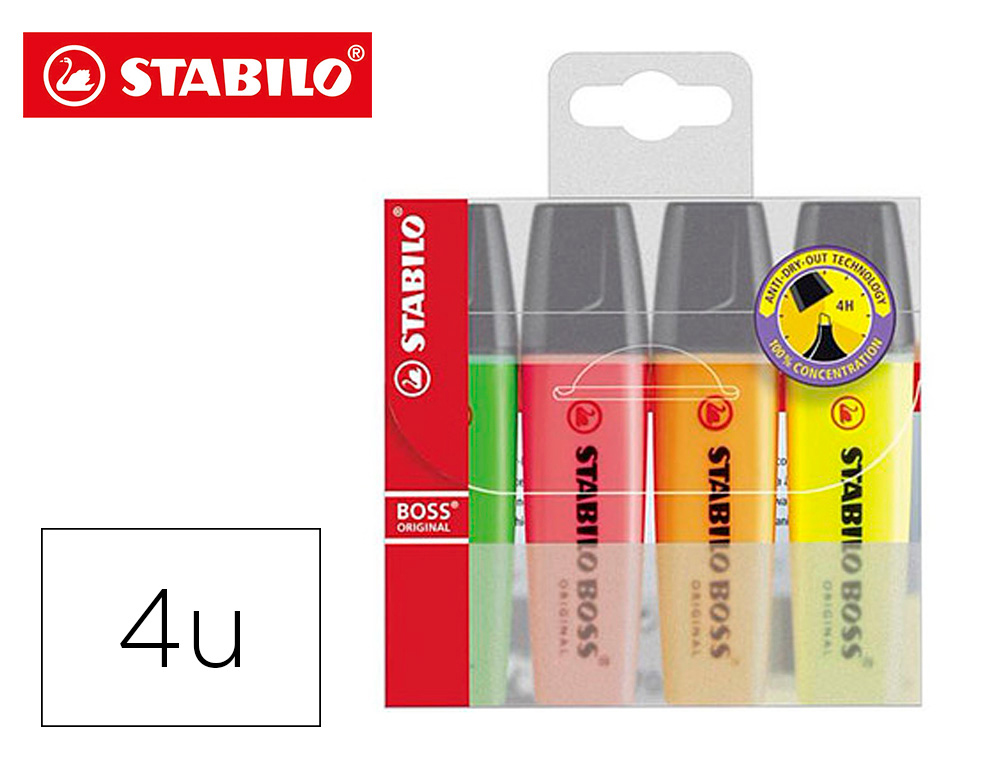 MARCADOR FLUORESCENTE STABILO BOSS 70 ESTOJO DE 4 UNIDADES CORES SORTIDAS