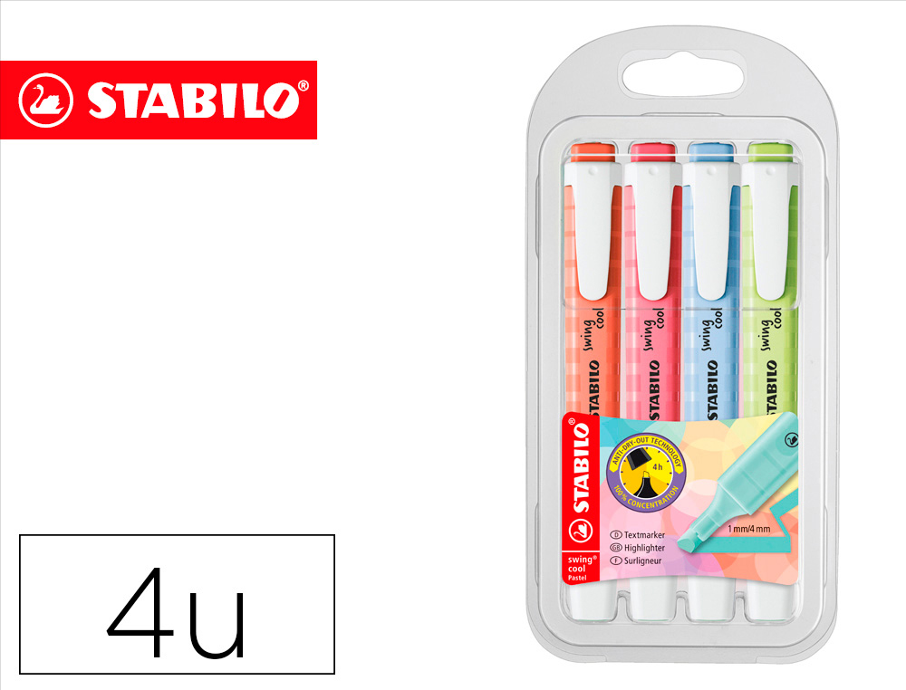 MARCADOR FLUORESCENTE STABILO SWING COOL PASTEL ESTOJO DE 4 UNIDADES CORES SORTIDAS