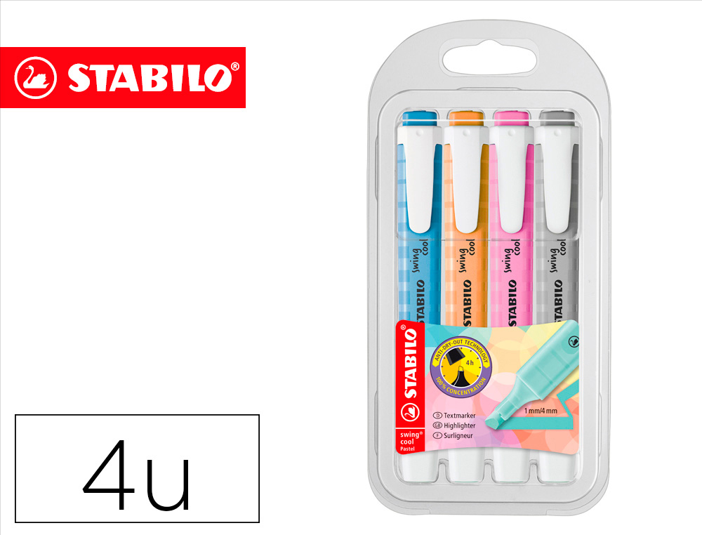 MARCADOR FLUORESCENTE STABILO SWING COOL PASTEL ESTOJO DE 4 UNIDADES CORES SORTIDAS
