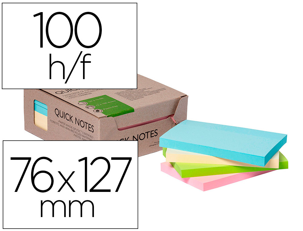 BLOCO DE NOTAS ADESIVAS Q-CONNECT 76X127 MM 100% PAPEL RECICLADO CORES PASTEL CAIXA DE CARTAO