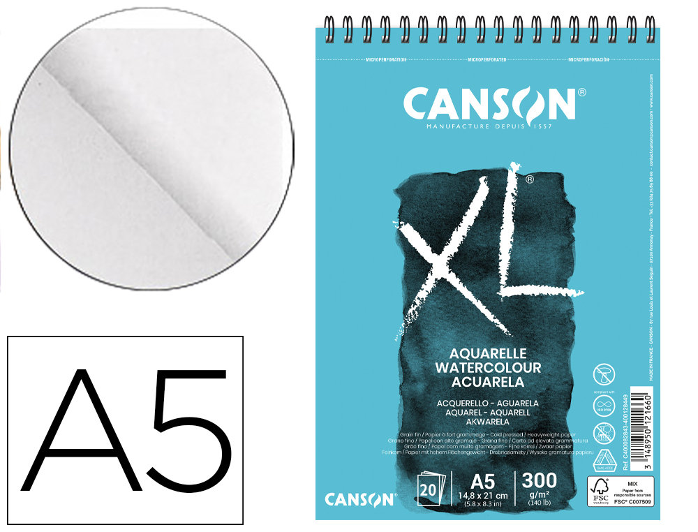 BLOCO DE DESENHO AGUARELA CANSON XL AQUARELLE GRANO FINO DIN A6 MICROPERFURADO ESPIRAL 14,8X21 CM 20 FOLHAS 300 GR