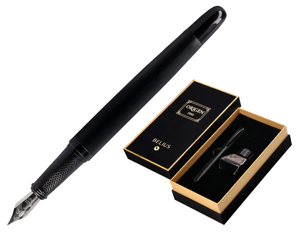 CANETA E FRASCO DE TINTA ESTILOGRAFICA BELIUS ORIGEN 1995 ALUMINIO TEXTURA ESCOVADO COR PRETO TINTA PRETA CAIXA DESIGN