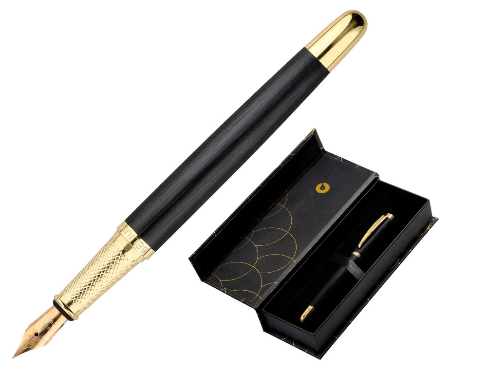 CANETA BELIUS PASSION DOR TEXTURA ALUMINIO TEXTURA ESCOVADO DESENHO PRETO E DOURADO TINTA AZUL CAIXA DESIGN