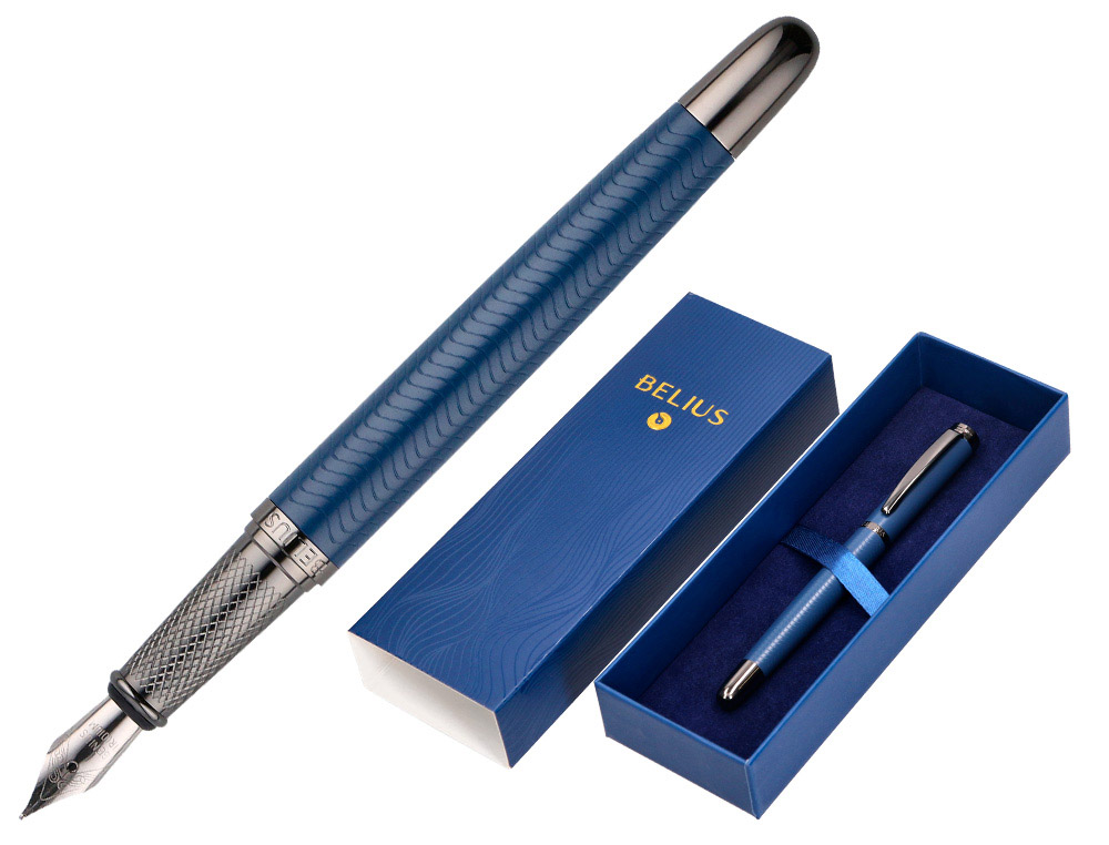 CANETA BELIUS NEPTUNO ALUMINIO TEXTURA WAVY COR AZUL MARINHO TINTA AZUL CAIXA DESIGN