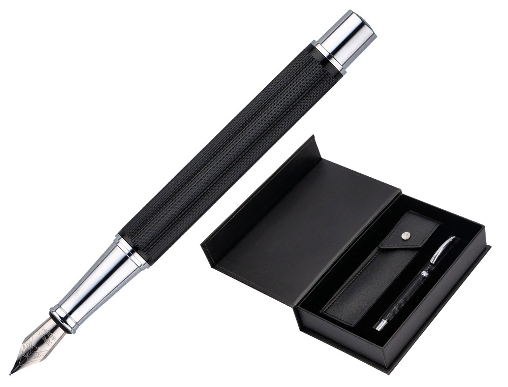 CANETA E ESTOJO BELIUS TURBO ALUMINIO TEXTURA PONTILHADO DESENHO PRETO E PRATEADO TINTA AZUL CAIXA DESIGN