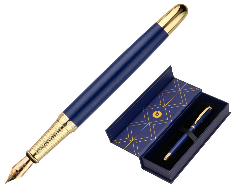 CANETA BELIUS SOIREE ALUMINIO DESENHO ART DECO AZUL MARINHO E DOURADO TINTA AZUL CAIXA DESIGN