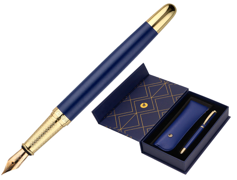 CANETA E ESTOJO BELIUS SOIREE DESENHO ART DECO AZUL MARINHO E DOURADO TINTA AZUL CAIXA DESIGN