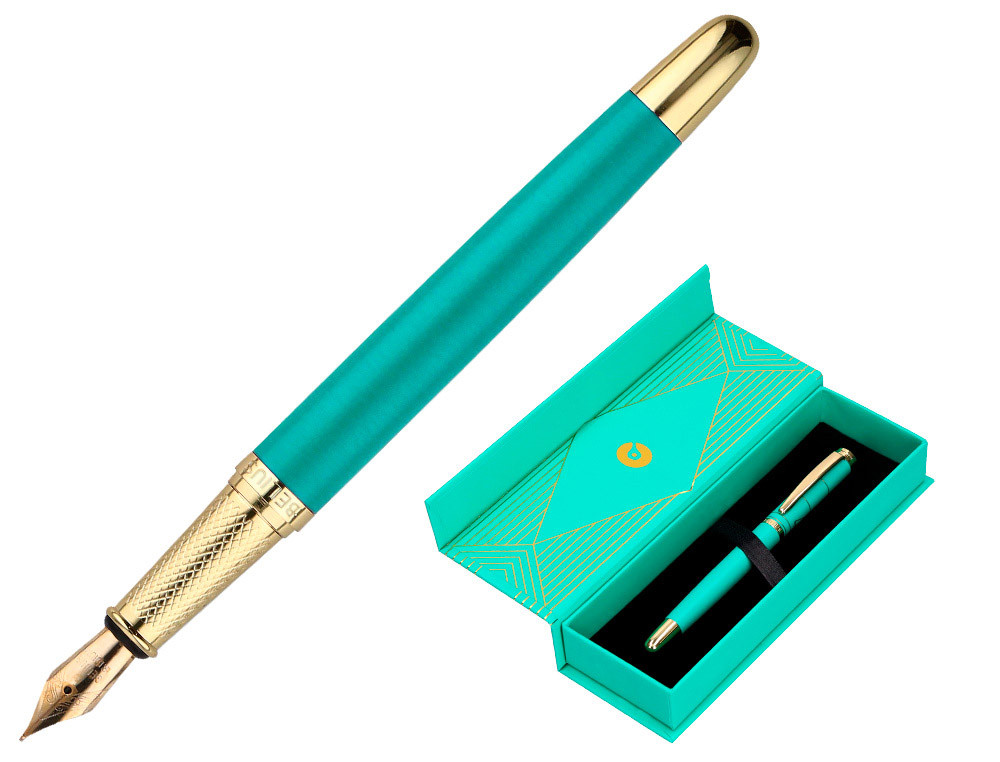 CANETA BELIUS SOIREE ALUMINIO DESENHO ART DECO TURQUESA E DOURADO TINTA AZUL CAIXA DESIGN