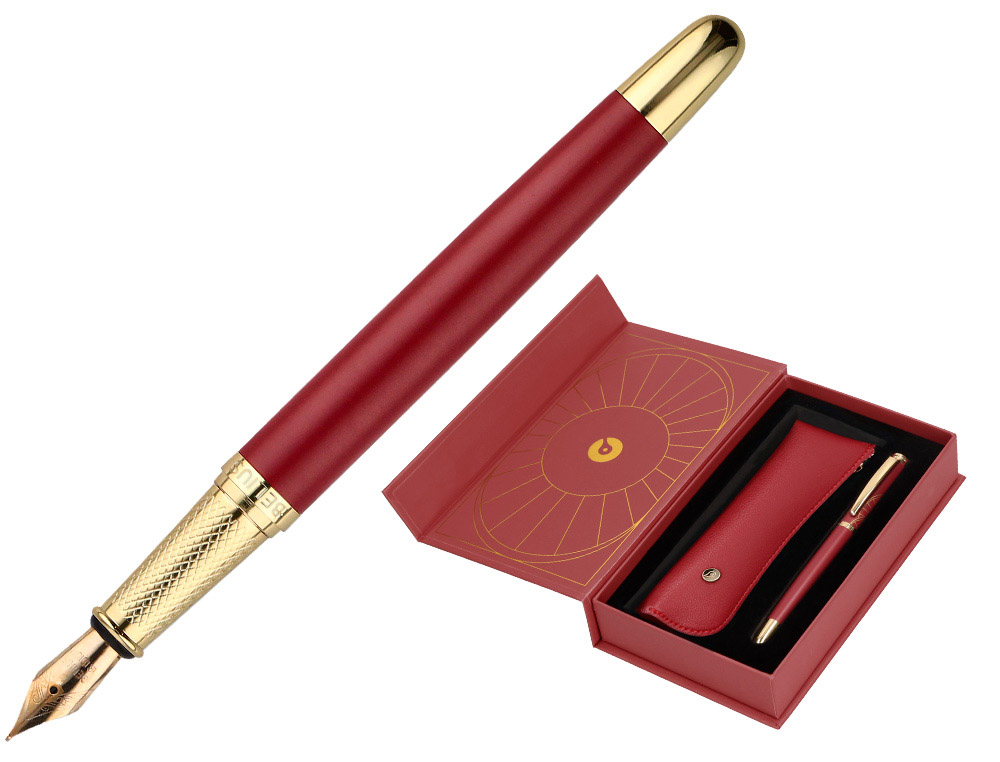 CANETA E ESTOJO BELIUS SOIREE DESENHO ART DECO BORDEAUX E DOURADO TINTA AZUL CAIXA DESIGN