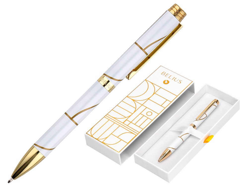 ESFEROGRAFICA BELIUS CARTE BLANCHE DESENHO BRANCO E DOURADO TINTA AZUL CAIXA DESIGN