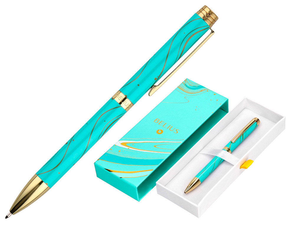 ESFEROGRAFICA BELIUS AQUA ALUMINIO DESENHO TURQUESA E DOURADO TINTA AZUL CAIXA DESIGN