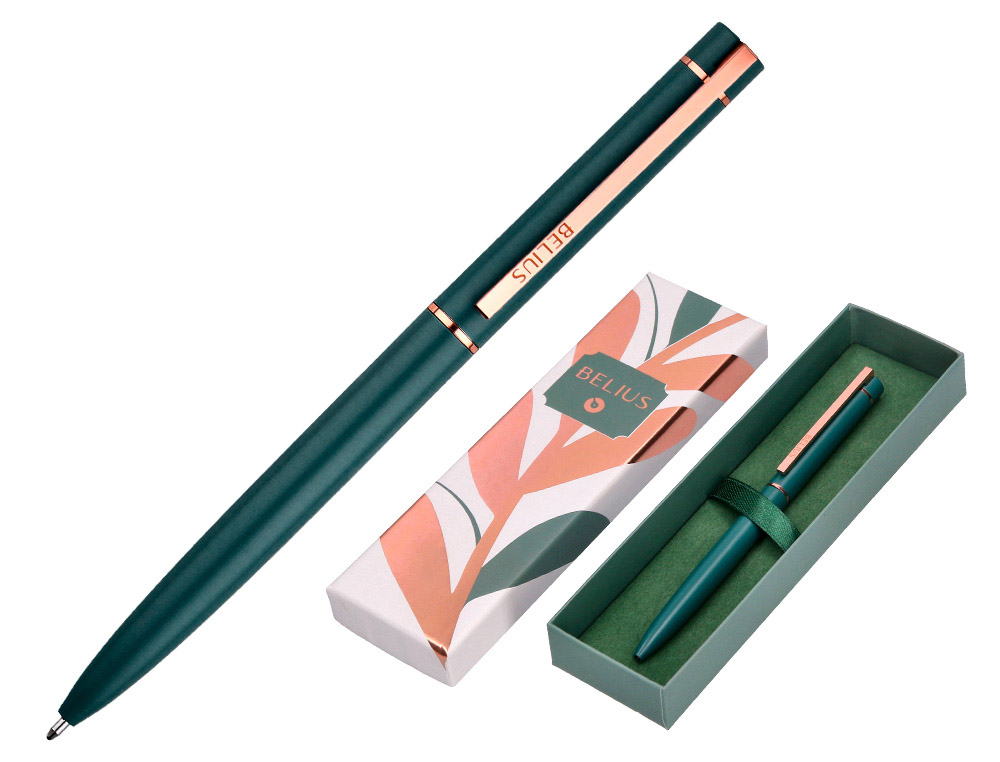 ESFEROGRAFICA BELIUS ROSE ALUMINIO DESENHO VERDE AZEITONA OURO ROSA TINTA AZUL CAIXA DESIGN