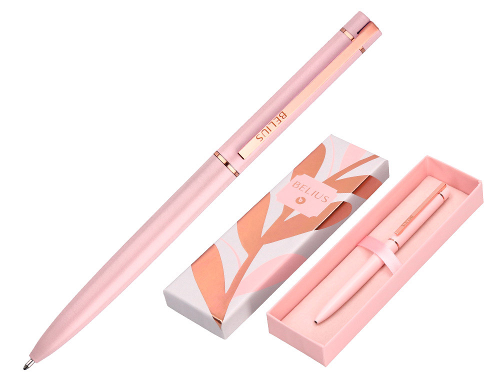 ESFEROGRAFICA BELIUS ROSE ALUMINIO DESENHO ROSA OURO ROSA TINTA AZUL CAIXA DESIGN