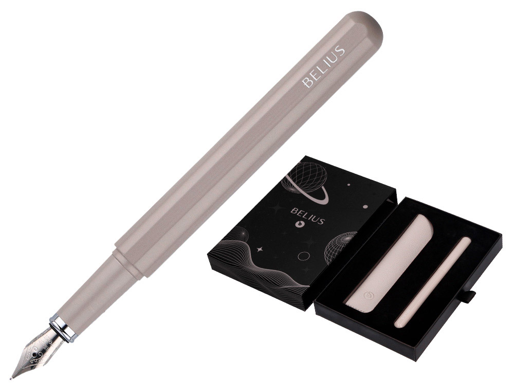 CANETA E BOLSA EM IMITACAO PELE BELIUS SPACE B DESENHO MINIMALISTA CINZA TINTA AZUL CAIXA DESIGN