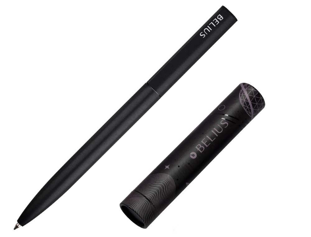 ESFEROGRAFICA BELIUS ROCKET B ALUMINIO DESENHO MINIMALISTA PRETO CAIXA CILINDRICA TINTA AZUL