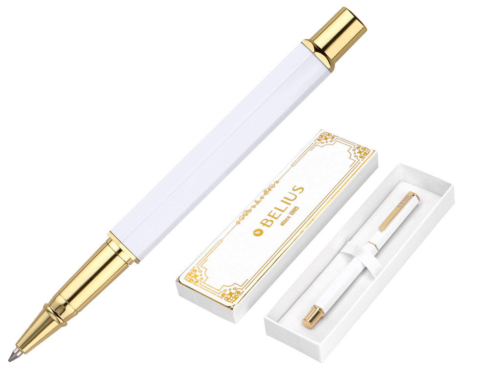 ESFEROGRAFICA BELIUS MACARON BLISS ALUMINIO DESENHO HEXAGONAL BRANCO E DOURADO TINTA AZUL CAIXA DESIGN