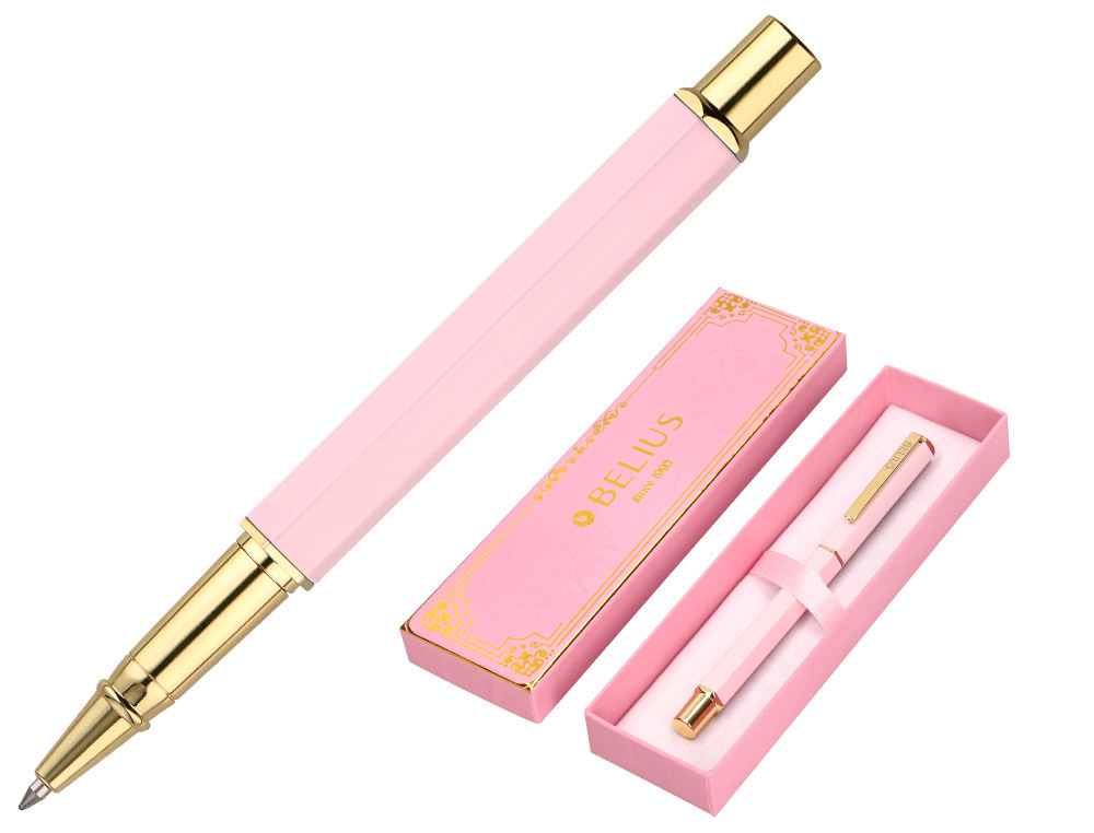 ESFEROGRAFICA BELIUS MACARON BLISS ALUMINIO DESENHO HEXAGONAL ROSA E DOURADO TINTA AZUL CAIXA DESIGN