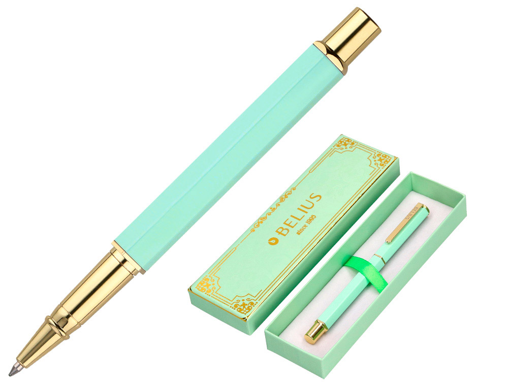 ESFEROGRAFICA BELIUS MACARON BLISS ALUMINIO DESENHO HEXAGONAL VERDE E DOURADO TINTA AZUL CAIXA DESIGN